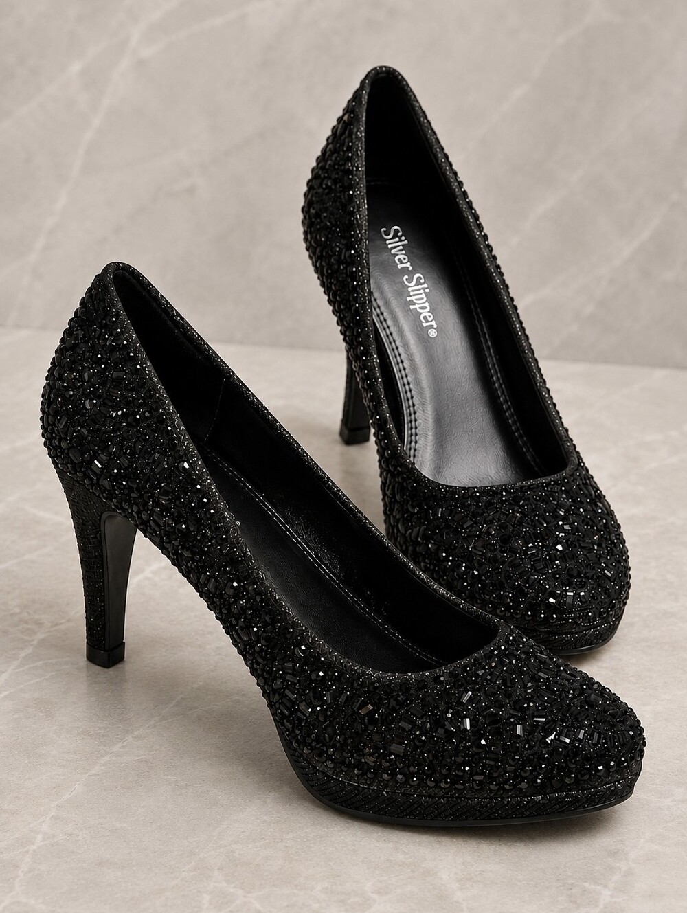 Silver Slipper Black Embellished Rhinestone Pumps Dress Heels Women Size 6 - Picture 2 of 16